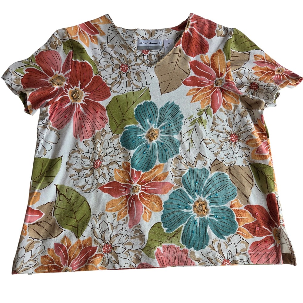 Alfred Dunner Petite Floral Sequin Top‎ Short Sleeve V-Neck Cotton Blend PM